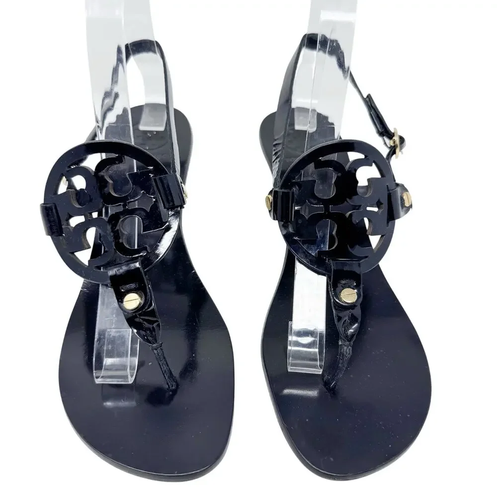 TORY BURCH Black Patent Leather Miller Kitten Heels Sandals Logo Classic Size 8
